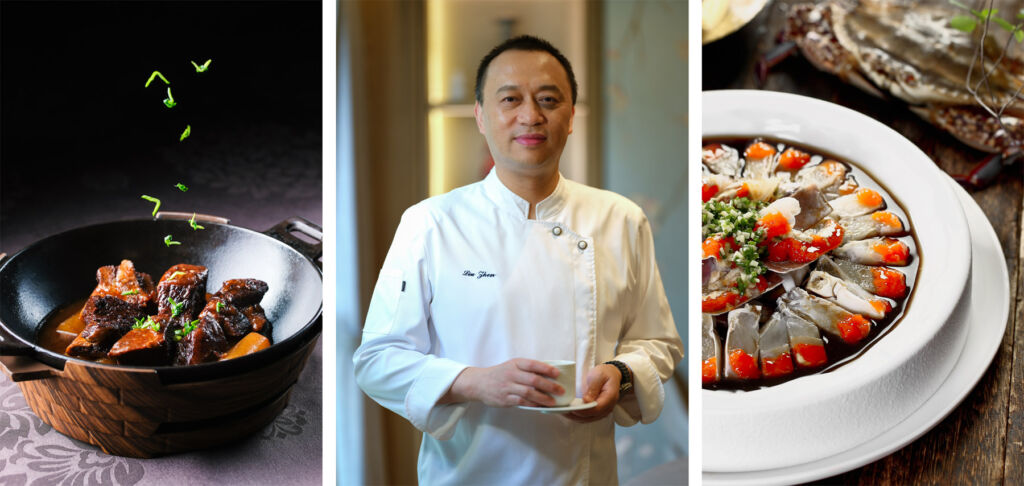 A photograph of the chef between photographs of his dishes