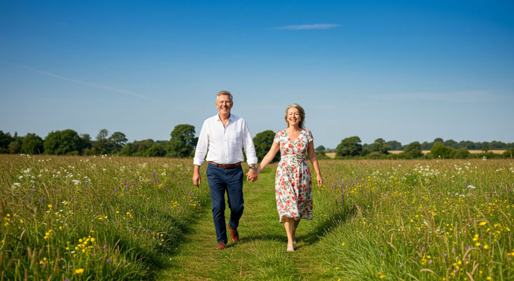 A couple walking in the countryside holding hands