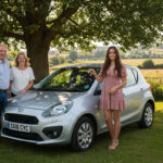 A young woman being given a car from her parents