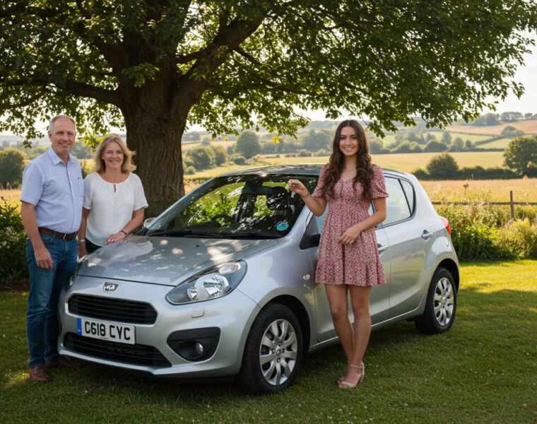 A young woman being given a car from her parents