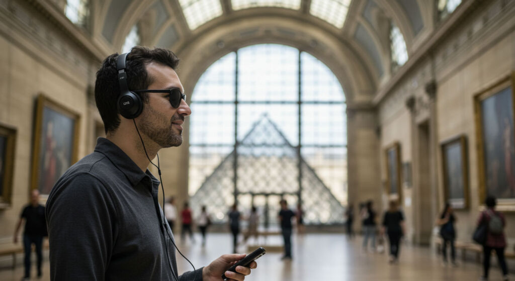 A blind man wearing headphones in the Louvre
