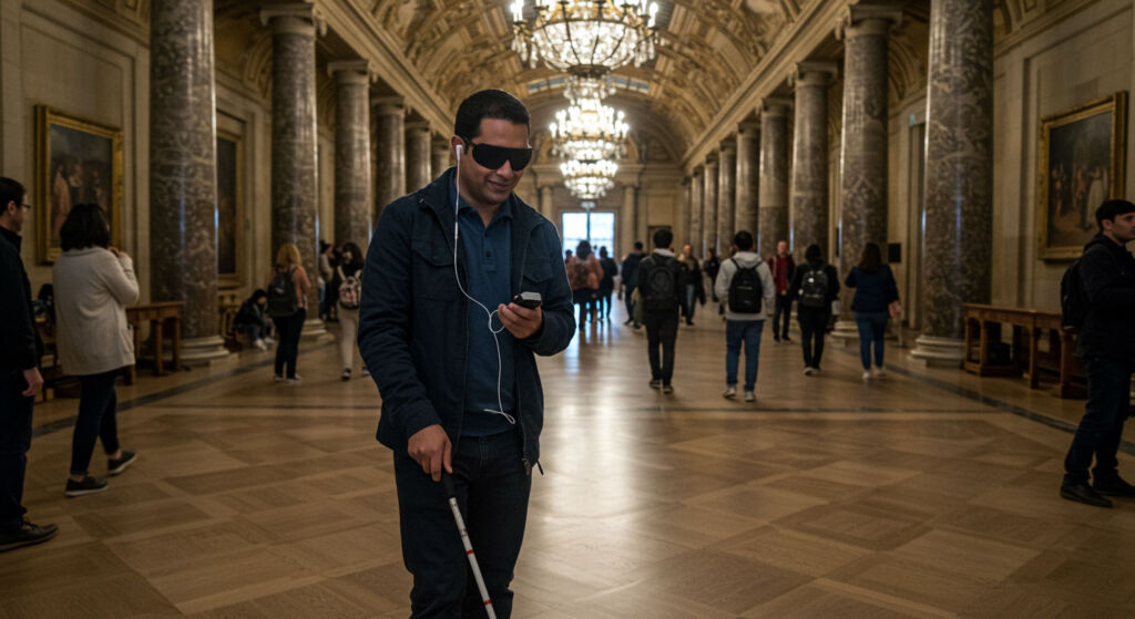 A blind man listening to a musical interpretation of an artwork in the Louvre